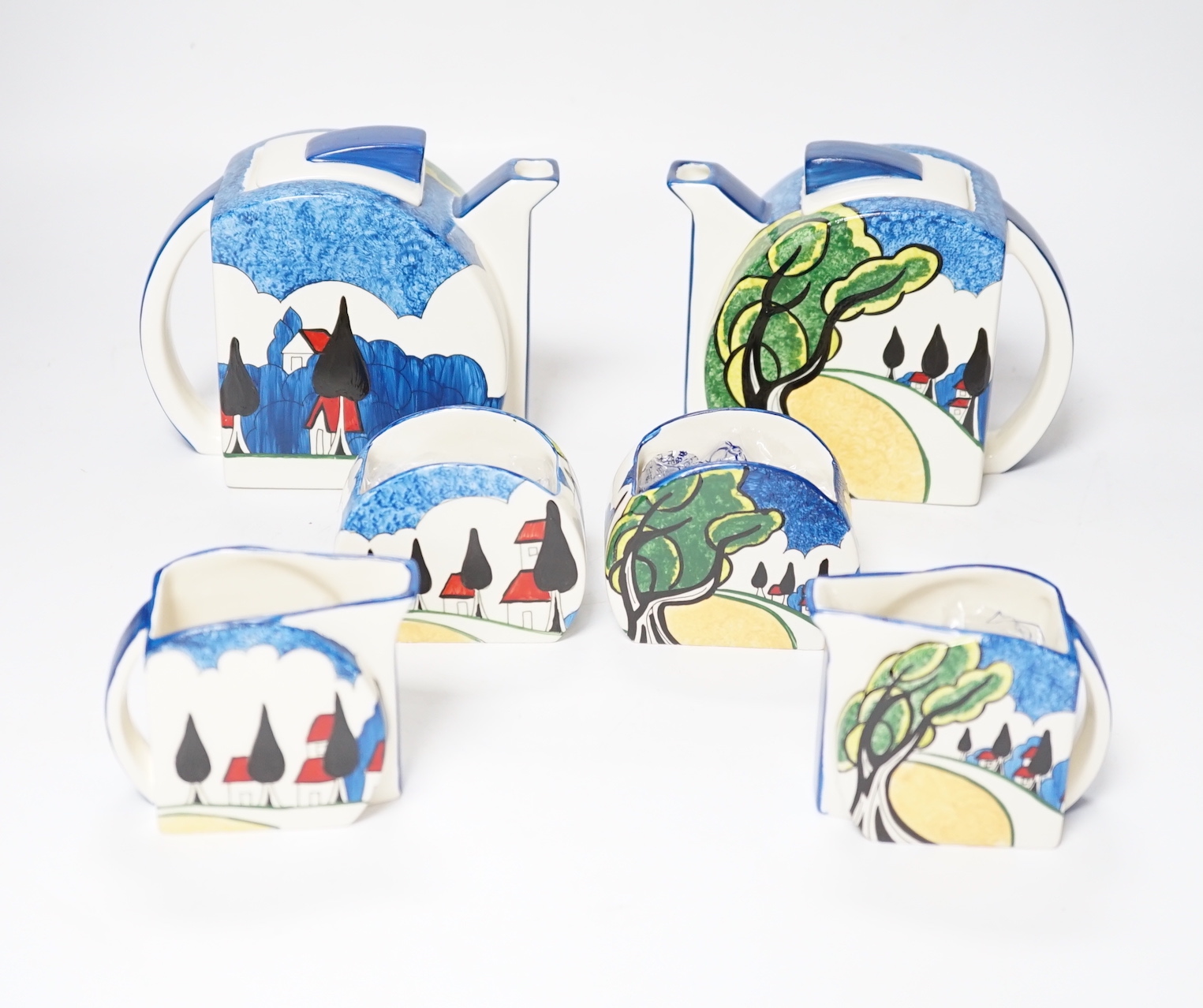 Two Wedgwood Clarice Cliff limited edition May Avenue Stamford tea sets with boxes and certificates, largest 11cm high